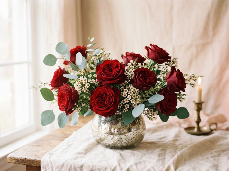 Anniversary arrangement of deep red roses with eucalyptus and wax flower in a mercury glass vase