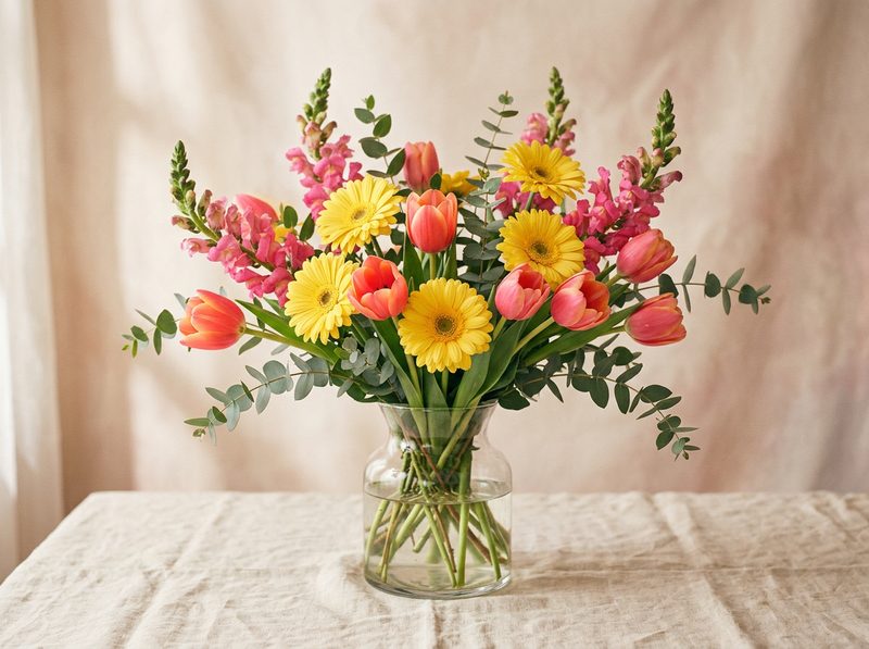Bright birthday arrangement of coral tulips, yellow gerbera daisies, and pink snapdragons in a glass vase