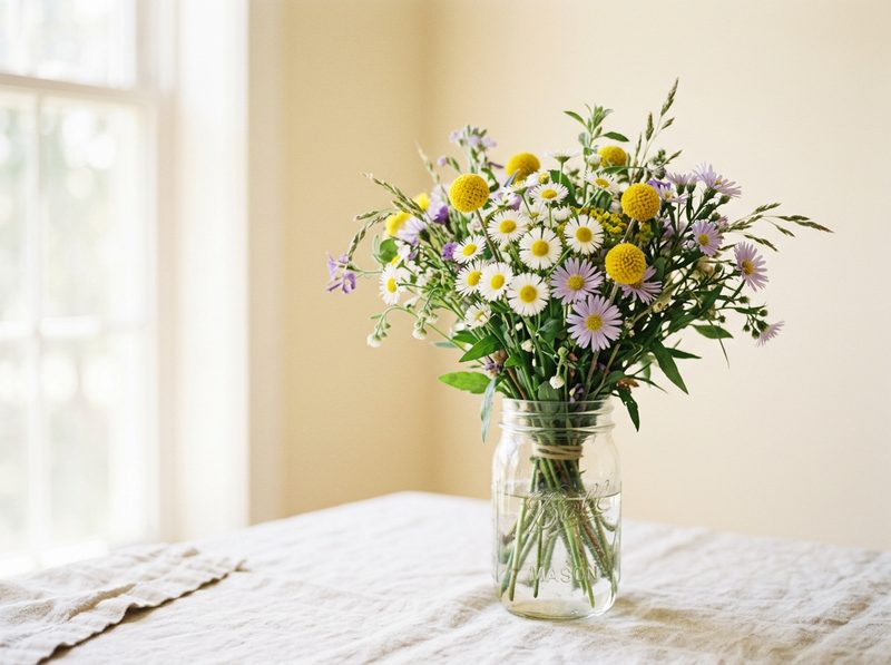 Casual bouquet of daisies, billy buttons, and asters in a mason jar