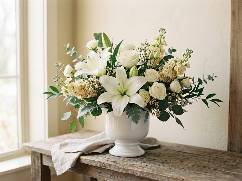 White sympathy arrangement of lilies, roses, and cream stock in a white ceramic urn